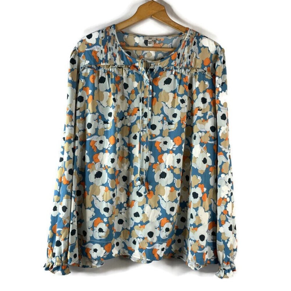Joie Womens Peasant Blouse Top Size 2XL Blue Orange Floral Pleated Long Sleeve